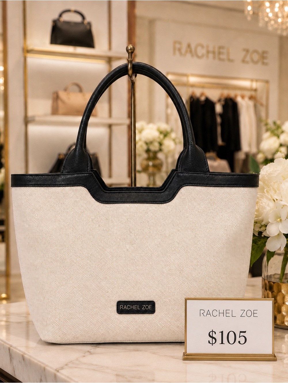 NWT Rachel Zoe Two-Tone Cream Canvas Large Tote Bag Black Leather Trim NEW